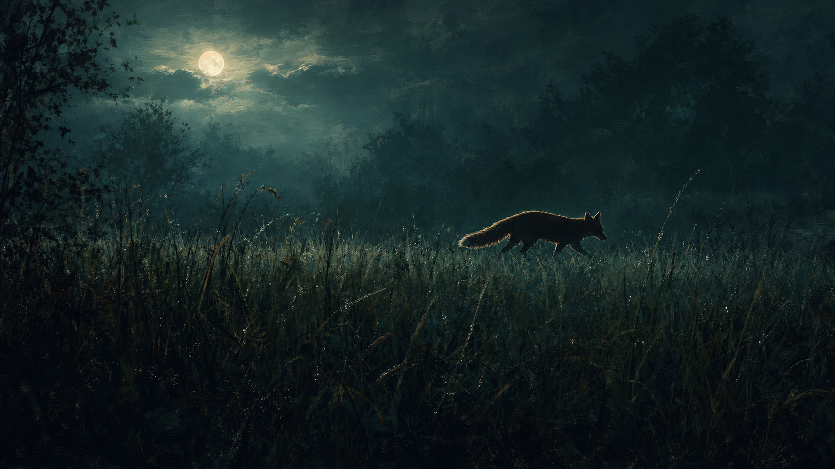 A fox walking through moonlit grass at night